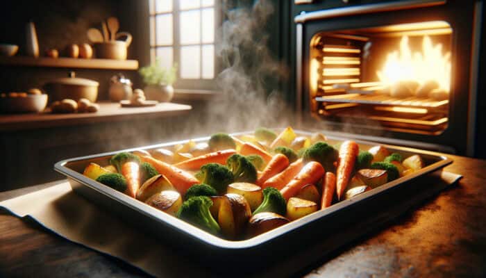 Close-up of golden-brown roasted carrots, potatoes, and broccoli on a tray, with steam rising in a warm kitchen.