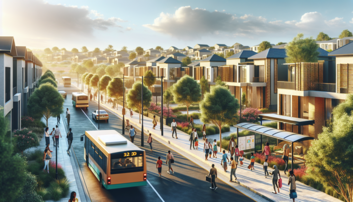 Vibrant Makhanda neighbourhood with modern homes near schools, bus stops, and hospital; families strolling tree-lined streets under a sunny sky.