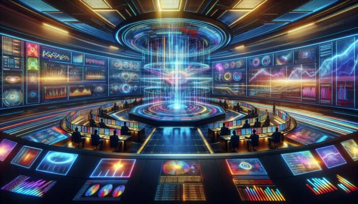 A futuristic command center with glowing data streams converging into a central holographic display for competitor analysis in the supplement industry.