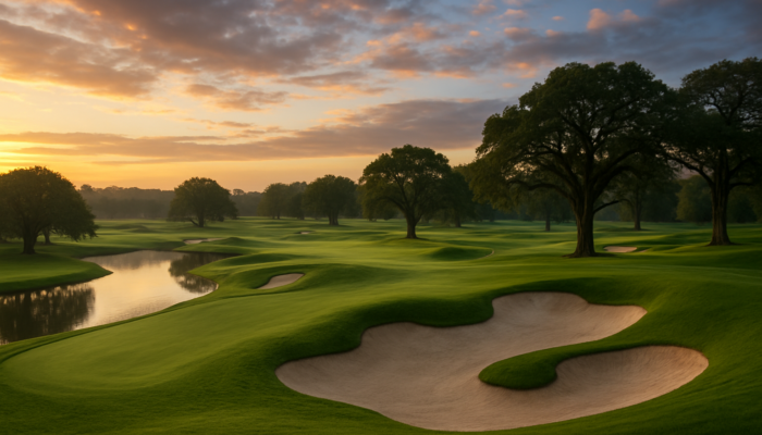 Panoramic dawn view of Fairview Golf Course: lush historic greens, bunkers, water hazards, and ancient trees under dramatic sky.