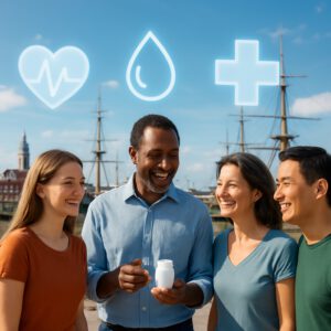 Diverse individuals smiling in Portsmouth harbour, exploring FBC test health benefits amid historic ships and sunny skies.