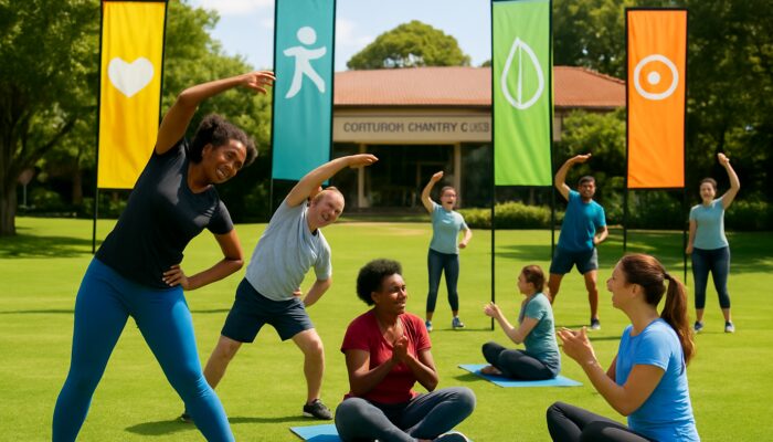Diverse community exercising at Centurion Country Club health workshop, surrounded by wellness banners on lush greens.