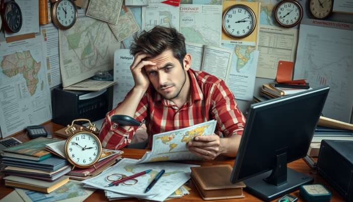 Stressed traveller at cluttered desk with maps, schedules, and brochures, frantically checking smartphone as ticking clock shows fatigue from planning challenges.