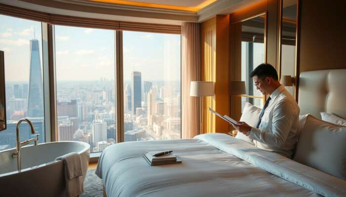 A hotel inspector examines crisp linens and gleaming fixtures in a luxurious five-star suite, holding a checklist with a city view bathed in golden light.