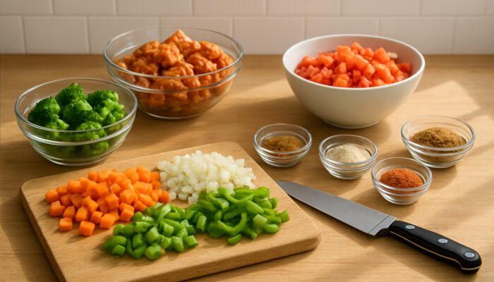 Bright kitchen counter with chopped vegetables, marinated proteins, and portioned spices for efficient meal prep.