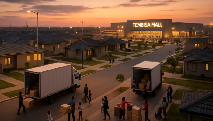 Bustling Tembisa suburb at dusk: modern affordable homes, families unloading trucks, and illuminated mall.