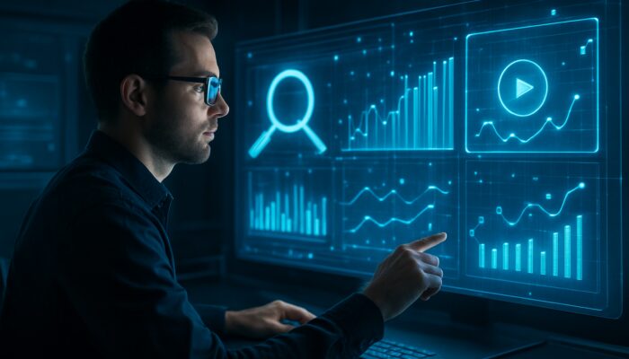 Digital strategist monitoring holographic SEO graphs and adjusting video icons in futuristic control room.