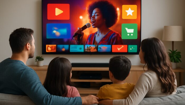 Family enjoying smart TV with vibrant Netflix and Hulu streams, featuring interactive ads.