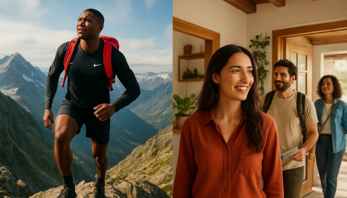 Diverse people in aspirational scenes: Nike athlete conquering peaks, travellers exploring Airbnb homes.