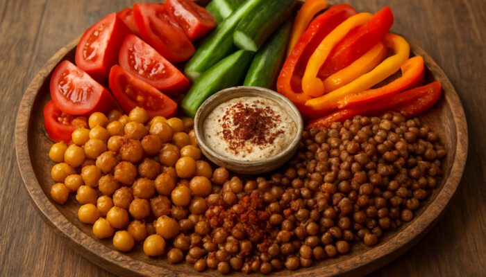 Vibrant Lebanese mezze platter with fresh tomatoes, cucumbers, peppers, chickpeas, lentils, and spices on wood.