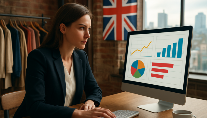 Determined entrepreneur in a Manchester boutique analysing surging Google Analytics graphs against a Union Jack background.