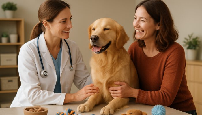Veterinarian discussing with the owner and a relaxed golden retriever in a cozy clinic filled with toys and treats.
