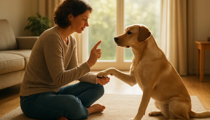 A patient owner gently training a calm dog in a sunlit room, fostering emotional connections.