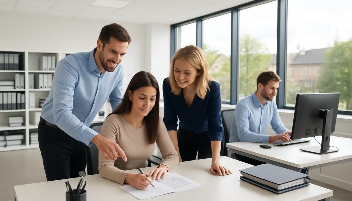 Modern office in Yeovil featuring immaculate desks, organised files, and focused employees benefiting from ample natural light.