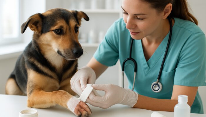 A veterinarian bandaging a dog's paw burn wound in clinic with medical tools for safe pet healing.