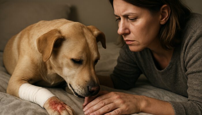 A concerned owner watches a bandaged dog licking a burn wound on a cozy bed, indicating lethargy.