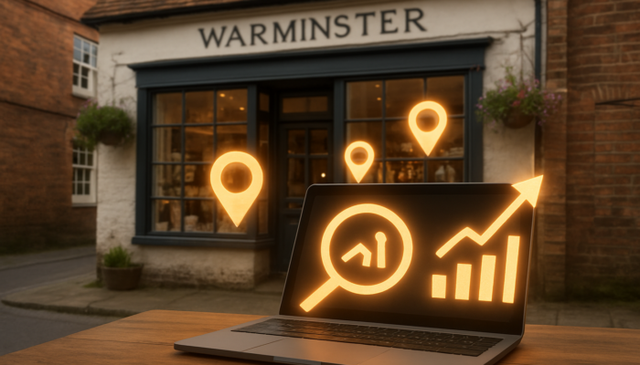 Historic Warminster storefront adorned with SEO icons, location pins, and rising rankings on laptop