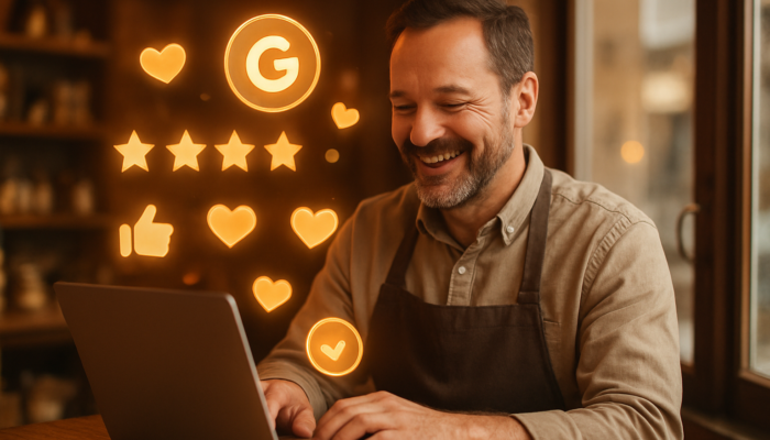 Warminster shop owner smiling at glowing five-star Google reviews on laptop amid floating icons in warm light.