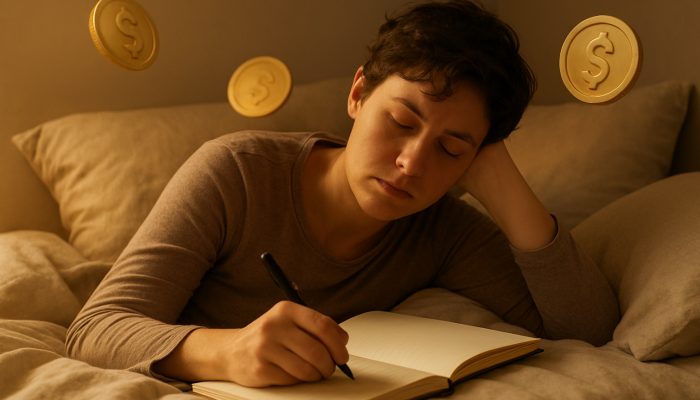 Tired individual resting in bed, crafting gentle debt repayment plan in a journal with warm golden light