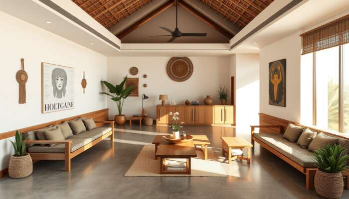 Modern boutique hotel lobby adorned with minimalist design, sustainable wooden furniture, indigenous crafts, and local artwork in natural light.