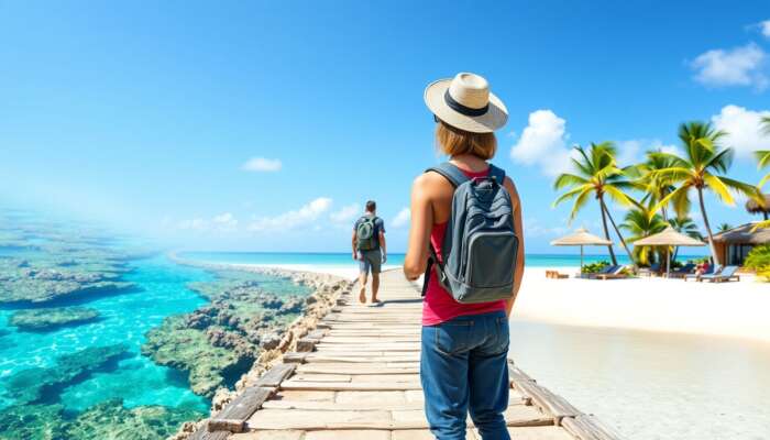 A traveller at a junction: one path to scuba diving in turquoise waters with coral reefs, the other to yoga on a sunlit beach surrounded by palm trees.