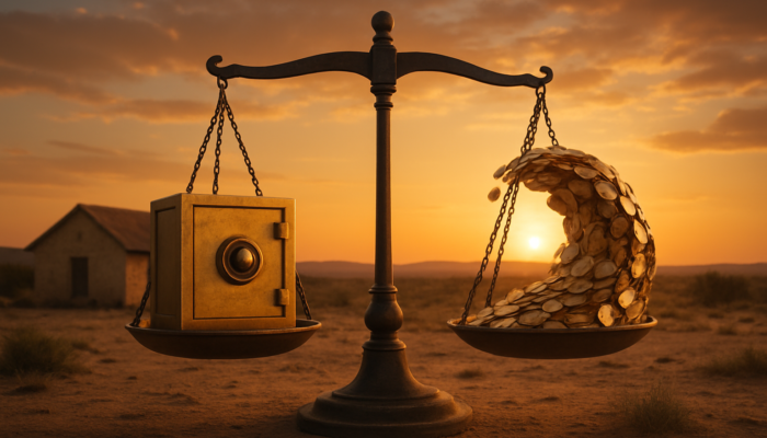 Rustic home in Beaufort West: stability of fixed rates versus fluctuating variable rates, under a balancing scale at sunset.