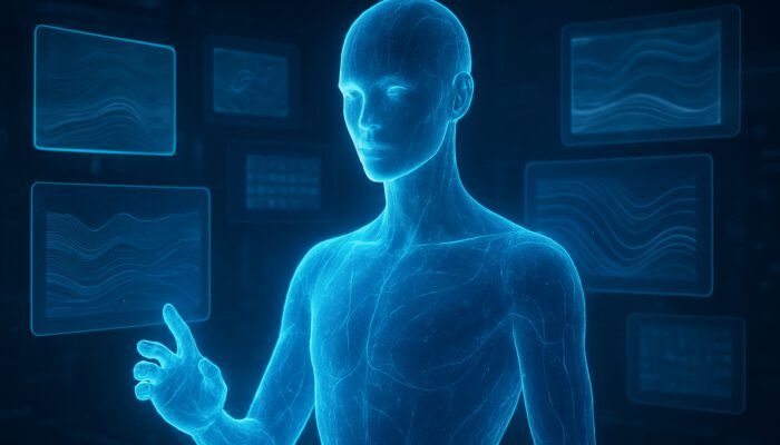 Futuristic AI hologram demonstrating writing styles, surrounded by floating digital screens.