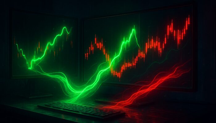 Futuristic trading desk with holographic Chaikin Money Flow charts and vibrant inflows alongside candlestick patterns