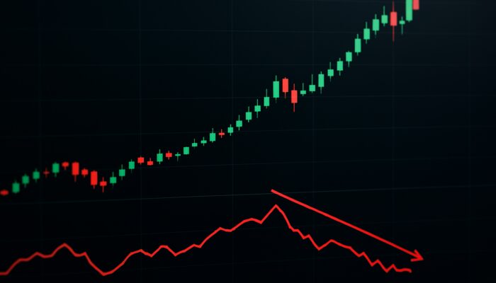 Trading chart showcasing soaring candlesticks at new highs, diverging downward Chaikin Money Flow, and red trendlines indicating a potential reversal.