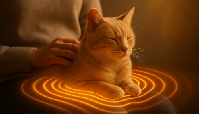A serene cat purring on a patient's lap, generating glowing healing vibrations for bones and muscles.