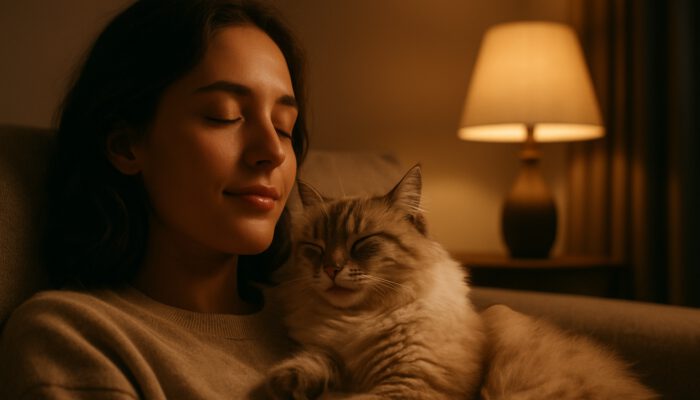 A person relaxing with a fluffy cat purring on their chest in a cozy lamplit room