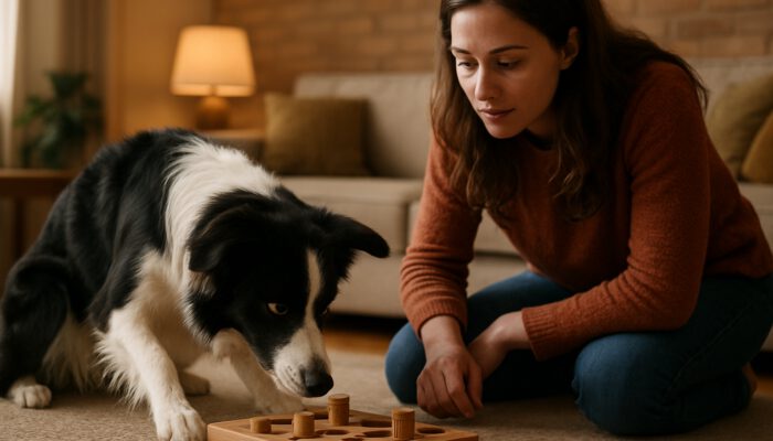 Border collie solving a wooden puzzle toy while the owner kneels nearby, observing in a cosy room