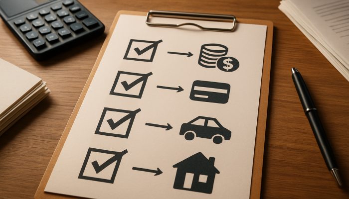 Wooden desk checklist for merging debts with icons, calculator, and documents