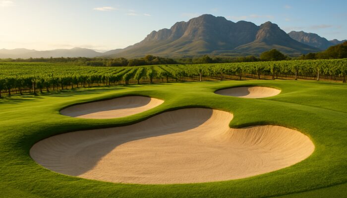 Stunning golf bunkers in the Cape Winelands, surrounded by vineyards and rolling mountains.