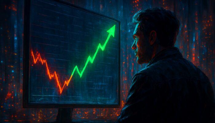 Trader observing a plunging stock chart rebound sharply with green arrows in a cyberpunk city
