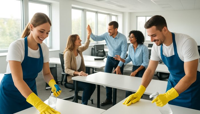 Professional cleaners sanitising a modern office while happy employees collaborate energetically