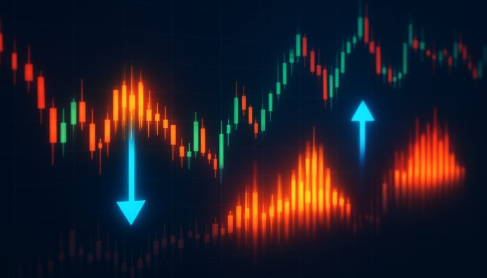 Trading interface showcasing glowing volume clusters, reversal arrows, and volatile candlesticks amid market fluctuations.