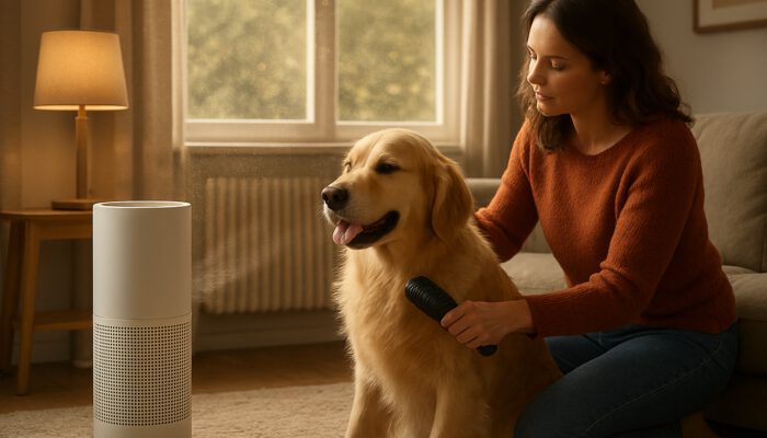 Owner grooming a golden retriever next to an air purifier in a cosy living room while spring pollen is visible outside.