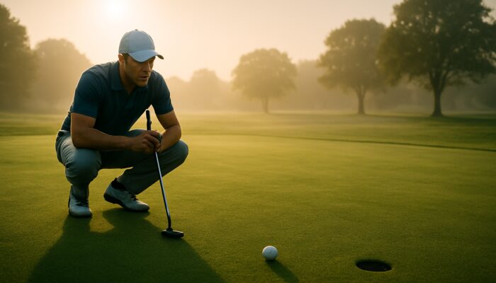Concentrated golfer in a polo shirt preparing to putt on a misty, sunlit golf green