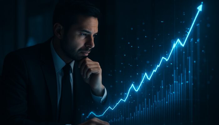 Trader analysing glowing holographic charts of rising profit-to-drawdown ratio in a dim office