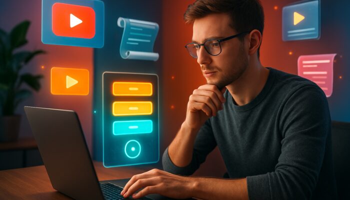 Young creator reviews pricing tiers and YouTube thumbnails on a laptop in a vibrant studio