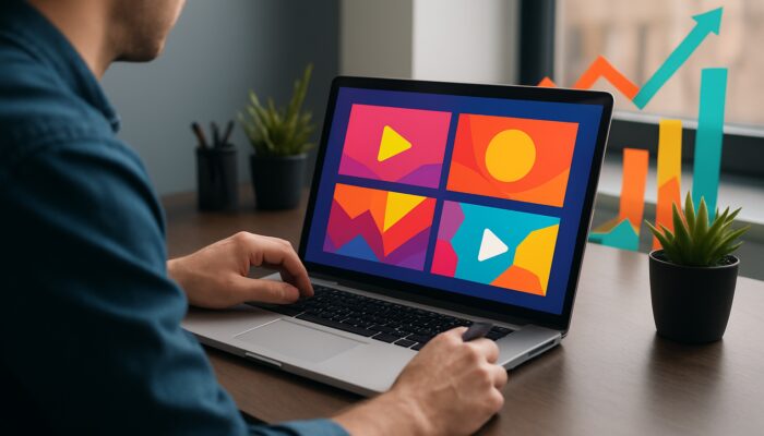 Creator designing vibrant video thumbnails on a laptop, with rising engagement graphs in a sleek workspace