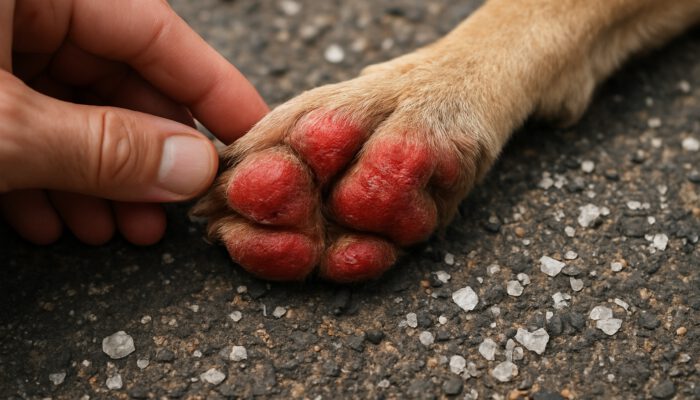 Close-up of red irritated dog paw pads examined on hot pavement with salt and gravel