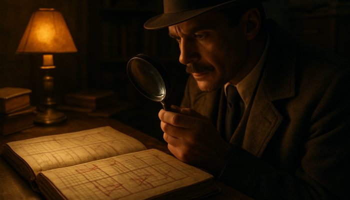 Vintage investigator examining settled accounts in dusty ledger with a magnifying glass