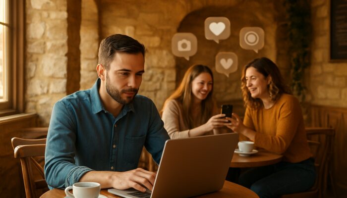 Café owner in Cirencester assessing Instagram posts on a laptop surrounded by happy patrons in warm sunlight