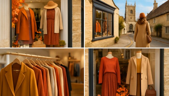 Cirencester boutique featuring seasonal fashion displays alongside Cotswold landmarks and Instagram overlays