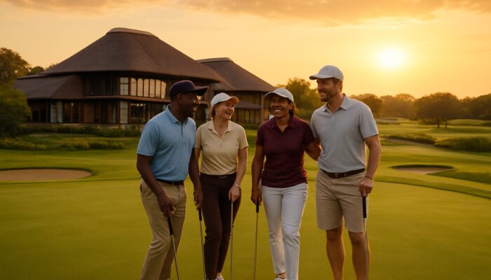 Diverse golfers laughing on Bronkhorstspruit's lush greens at sunset near modern thatched clubhouse