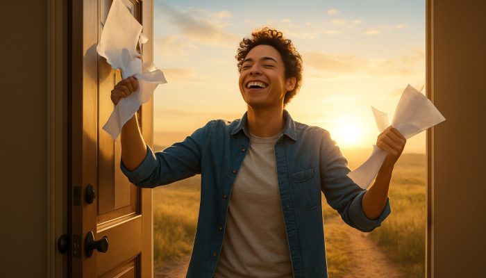 Relieved individual tearing debt bills while stepping through an open door into a sunlit horizon, symbolising new beginnings.