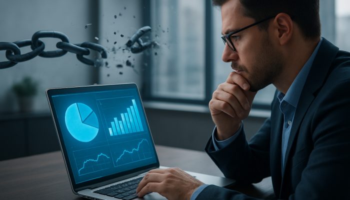 Credit File Checks Before a New Debt Plan: What to Know | DCL Individual examining a holographic credit report on a laptop with shattered debt chains in a modern office