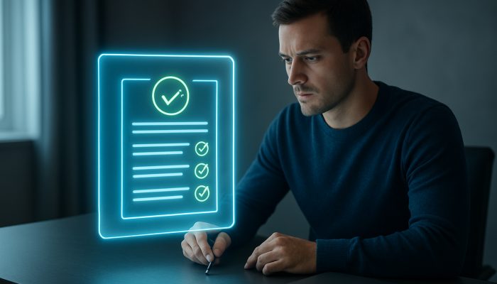 Credit File Checks Before a New Debt Plan: What to Know | DCL Individual reviewing glowing credit report with green checkmarks at a sleek desk for debt approval.